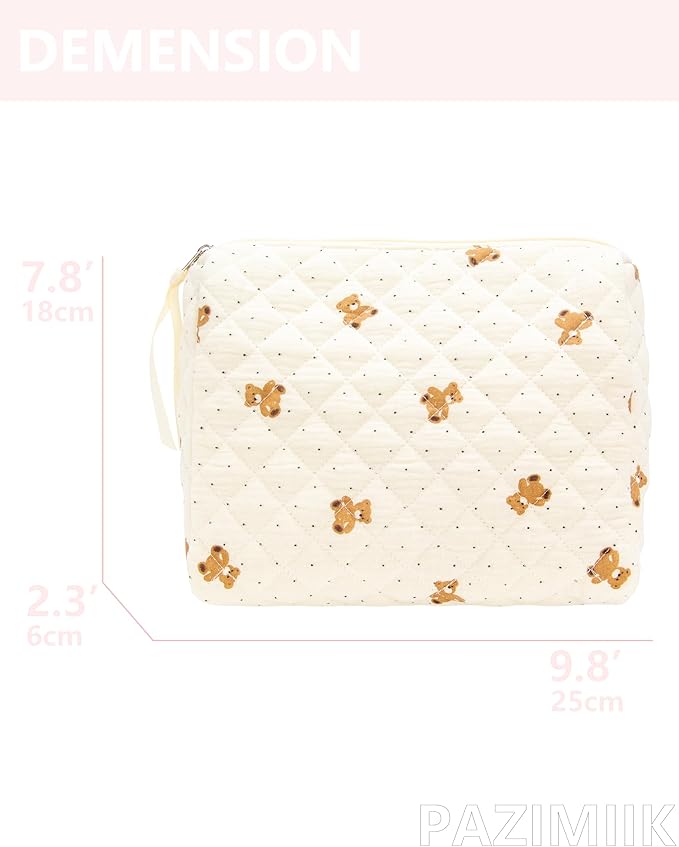 PAZIMIIK Quilted Makeup Bag Large Travel Zipper Soft Cosmetic Pouch for Women Girls Make Up, Gauze Bear