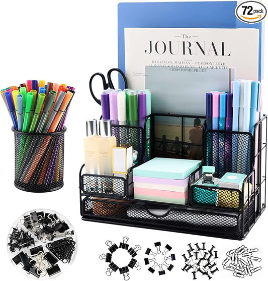Desk Organizers Caddy and Accessories with 7 Compartments + Pen Holder / 72 Clips Set, Drawer, Black Mesh Office Supplies Desktop Organizer for Home, Office Ect