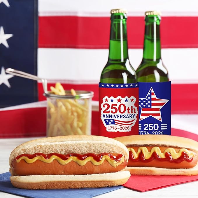 Yungyan 12 Pcs 4th of July American Can Cooler Patriotic Sleeves 250th Anniversary for 1776-2026 Independence Day Red Blue USA Flag Accessories Memorial Day for Party Favors Decoration(Classic Style)