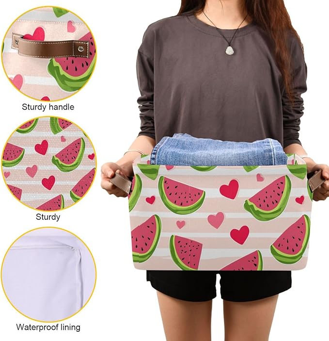Aslsiy Storage Basket Cute Watermelon Slice Nursery Bins Stripe Baby Box Canvas Clothes Shelf Basket Laundry Hamper Gift Baskets for Home Closet 1 Pcs