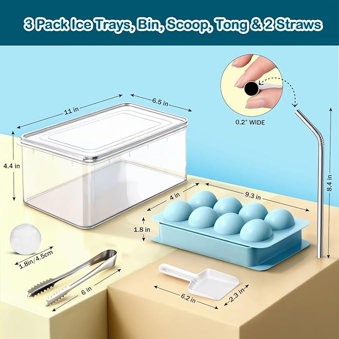 1.8in Large Ice Cube Molds - Big Round Whiskey Ice Trays for Freezer with Bucket, Scoop, Tongs, 2 Straws - Easy to Fill & Release, Bourbon Cocktail (3 pack, 8 Balls)