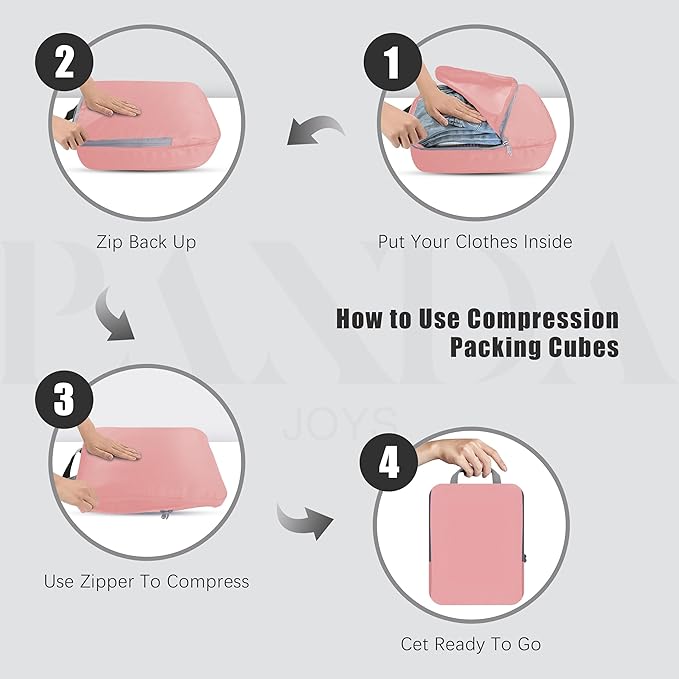 4 Set Compression Packing Cubes Travel - Travel Accessories Expandable Packing Organizers for Carry On - Essentials Luggage Bags - Pink