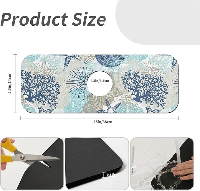 Kitchen Sink Splash Guard, Cute Corals and Seashells Faucet Mat Sink Gadgets - Super Absorbent Fast Drying Mat Drip Catcher for Kitchen, Bathroom, Sink Mat, Dish Drying Mat, Bathroom (15" X 5.5")