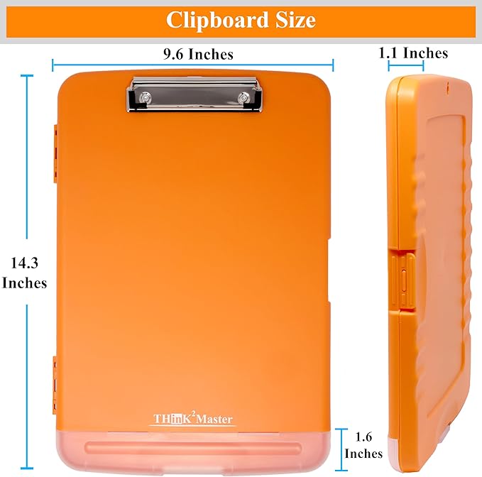Think2Master Orange Plastic Storage Clipboard with Pencil Holder. | 25% Heavier & 25% Sturdier| Heavy Duty. Must Have for Nurses, Teachers & Classrooms.