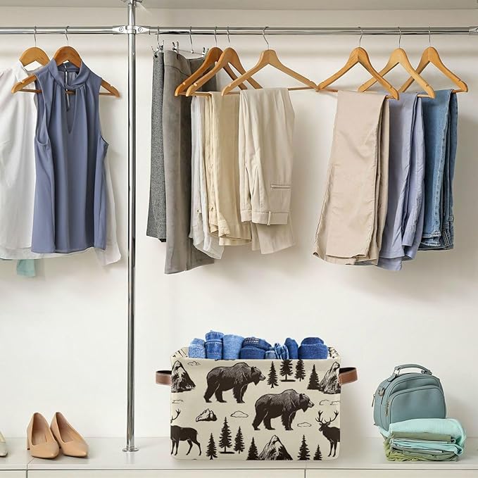 Aslsiy Storage Basket Vintage Deer Bear Moose Nursery Bins National Park Baby Box Canvas Clothes Shelf Basket Laundry Hamper for Home Closet 1 Pcs