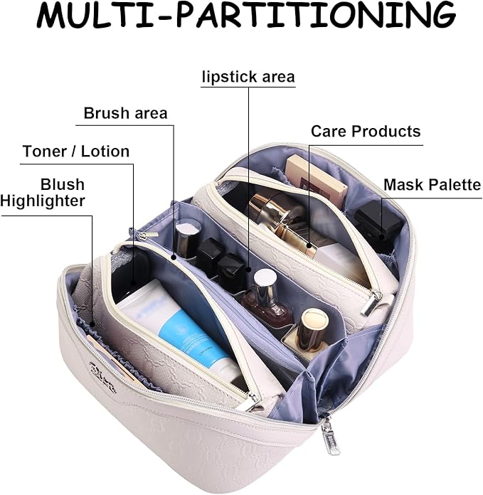BOYATU Travel Makeup Bag for Women: Cosmetic Organizer Bag with Compartments - Leather Makeup Bags Set of 3 (G-2-White)