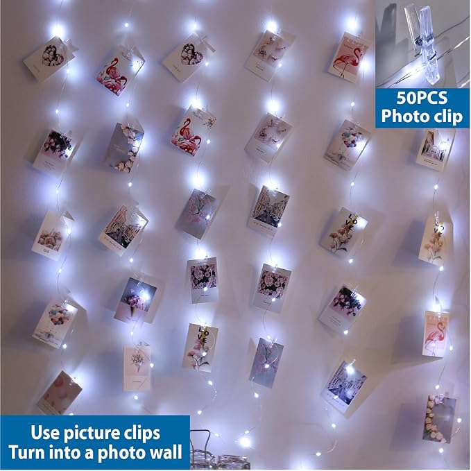 ZSJWL 3.3×5ft Short Curtain Lights with 8 Hook for Small Windows, 96 LED White Photo Clips String Light with 52 Clear Clips, Remote Control 8 Modes USB Plug Fairy Lights for Bedroom, Party, Wall