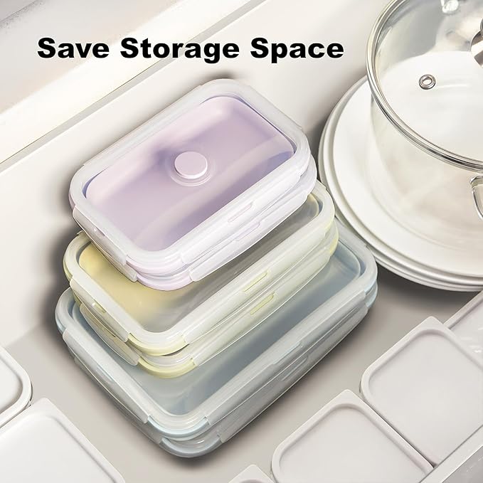 Large Collapsible Food Containers with Lids for Camping & Travel | Leak-Proof Silicone Storage Bowls, 2000ml/1200ml/800ml, Dishwasher, Microwave Freezer Safe, Set of 3