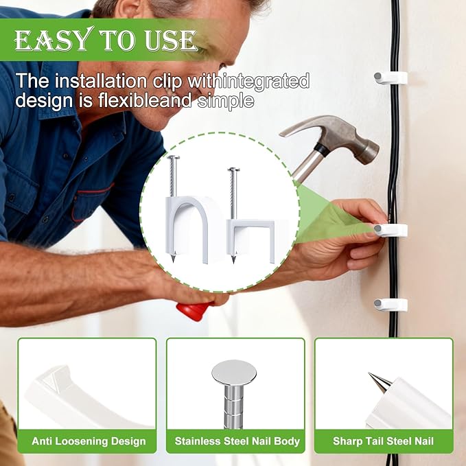 mxuteuk 200PCS Cable Clips with Steel Nails, 4/6/8/10mm Round White Cable Wire Clips, Wall Clips for Cords, Cable Cord Clips for RG6 RG59 CAT6 RJ45