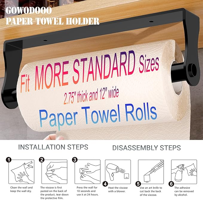 Wooden Under Cabinet Paper Towel Holder,Stainless Steel Under Counter Paper Towel Holder Wall Mount,Self Adhesive Kitchen Roll Rack for Kitchen Bathroom Garage RVs(Black)