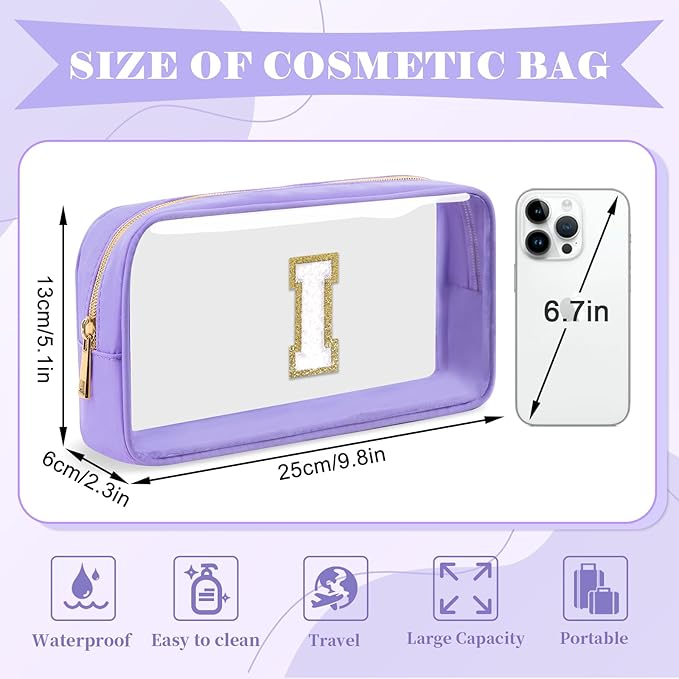 Personalized Initial Letter Clear Makeup Bag, Preppy Small Nylon & PVC Cosmetic Zipper Bag with Chenille Letter, Travel Skincare Toiletry Bag, Monogram Christmas Gift for Teen Girls Women
