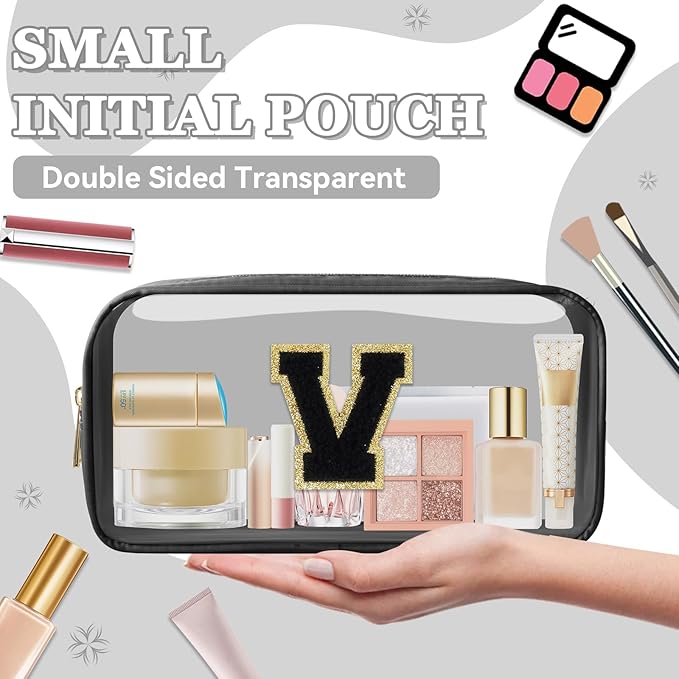 Small Clear Personalized Initial Makeup Bag, Preppy Nylon A-Z Chenille Letter Patch Makeup Organizer TSA Approved Travel Toiletry Bag,Waterproof Zip Beach Cosmetic Pouch Purse for Women(Black-Black V)
