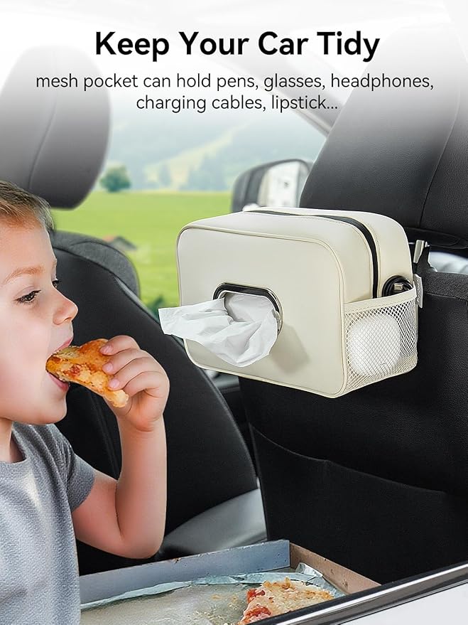 Multi-Functional Car Tissue Holder with 2 Storage Nets, Upgraded PU Leather Tissue Box Cover, Large Rectangle Napkin Organizer, Fits 100-150 Regular Size Tissues, Keeps Car Tidy, Beige