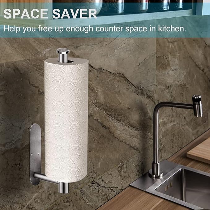 CUXIXA Paper Towel Holder Under Cabinet 2 Pack,Stainless Steel Paper Towel Holder Wall Mount for Kitchen, Bathroom, RV, Paper Towel Rack with Self Adhesive and Screws (Silver)