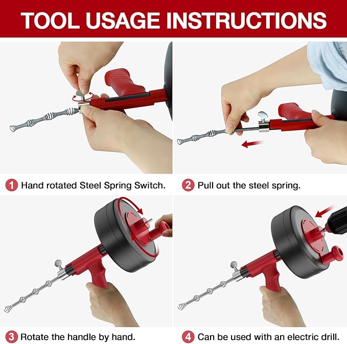 Drain Snake, Plumbing Snake With Drill Adapter, 35ft Heavy Duty Flexible Sink Steel Drain Auger Bathroom Hair Clog Removal Tool, Manual Or Powered - No auto retract or feed
