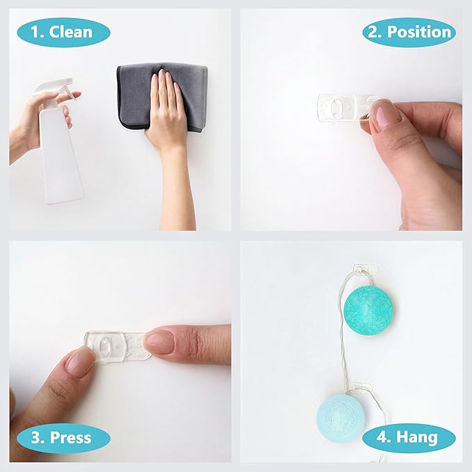 100 Mini Clear Light Clips with 120 Adhesive Strips, Damage-Free Indoor Mini Wall Hooks for Hanging, Removable Clips for Christmas Decoration