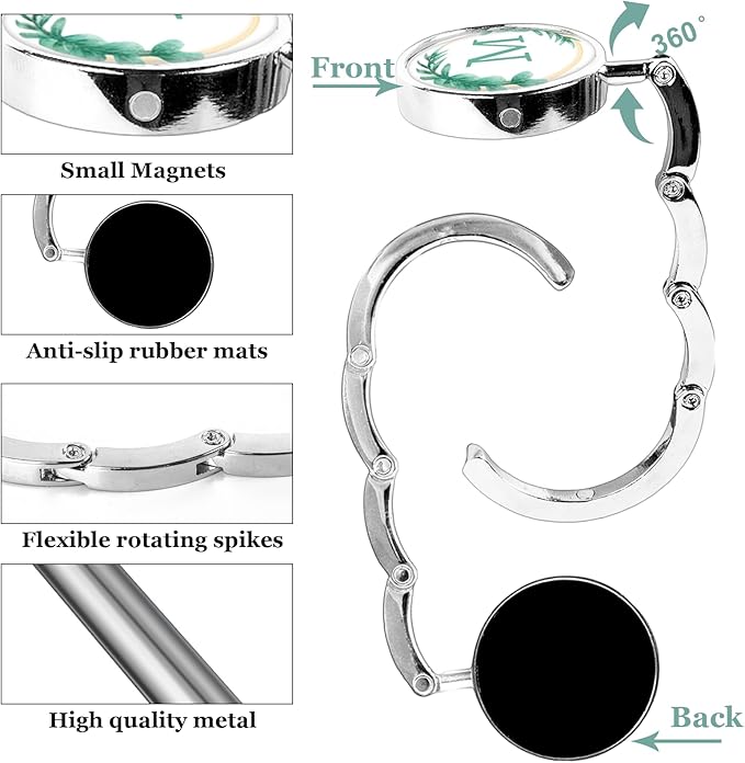 XSUIOY 3Pcs Personalized Initial Foldable Purse Hook for Table,Crushed Flower Letters Folding Purse Hanger,Purse Holder Handbag Hanger Collection Desk Table Bag Hooks Gifts for Women Bag(Green-M)