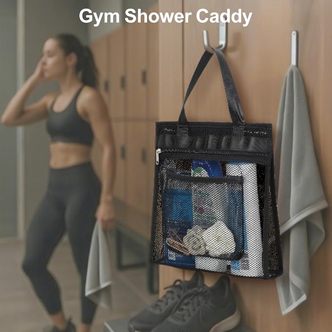 F-color Mesh Shower Caddy Portable Hanging - 3 Pockets Small Shower Bag Tote for Camping, Gym, Travel, Toiletry, Quick Dry Bathroom Essentials with S Hook, Black