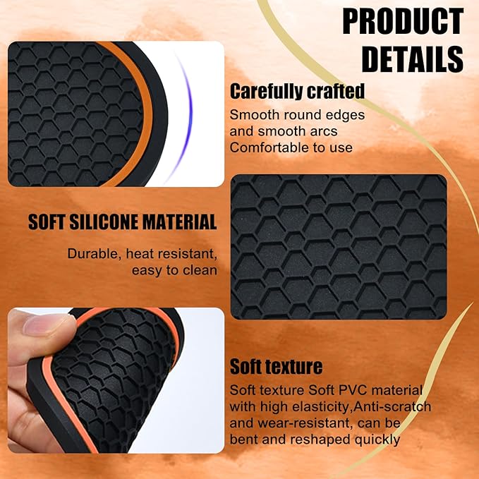 4PCS Car Cup Holder Coasters, 2.75 Inch Non-Slip Insert Cup Holder Pad, Dustproof Automotive Interior Accessories Mat, Universal for Trucks, Vehicles, RVs and More (Black/Orange)