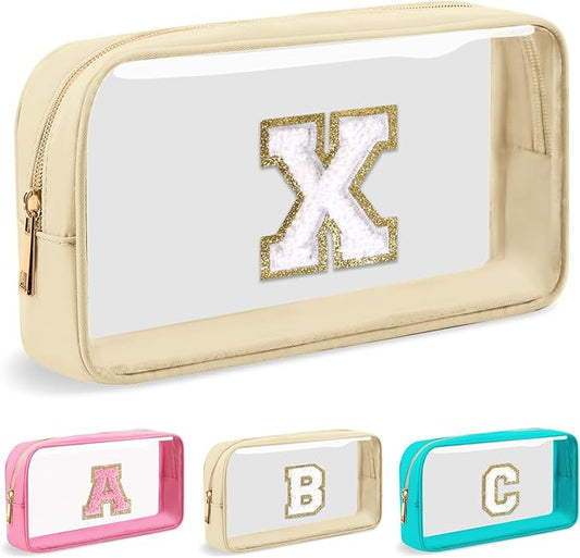Personalized Initial Letter Clear Makeup Bag, Preppy Small Nylon & PVC Cosmetic Zipper Bag with Chenille Letter, Portable Beach Travel Skincare Toiletry Bag, Trendy Monogram Gift for Teen Girls Women, X