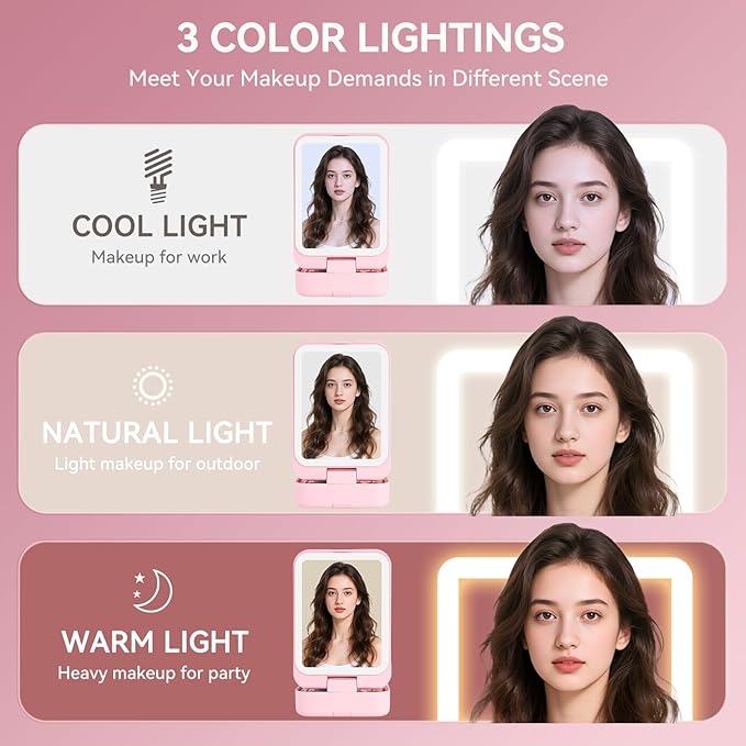 Trendy Teen Girl Gifts – Travel Makeup Brush Set with LED Light Mirror, Perfect Tween Birthday Gifts for Girls 11-16+ year old(Pink)