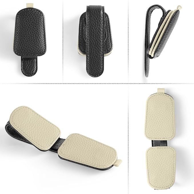 SINGARO Sunglasses Holder for Car, Leather Magnetic Buckle Sun Visor Sunglass Clip, Ticket Card Storage Glasses Clip, Car Interior Accessories for Men and Women（Black-Beige）