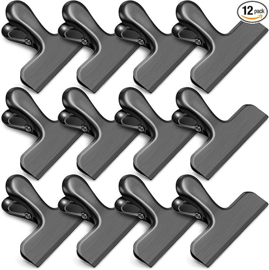 12 Pack Stainless Steel Chip Clips, Bag Clips for Food, Heavy Duty Chip Bag Clip for Kitchen and Office to Seal Coffee Bags, Paper Sheets, Metal Clip Air Tight Seal-3 Inches (Black)