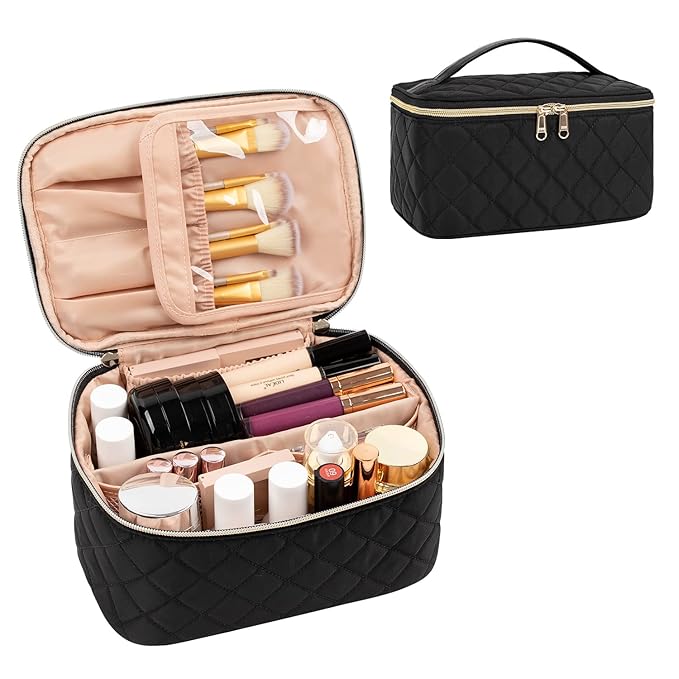 OCHEAL Portable Cosmetic Bag For Women, Large Capacity Travel Makeup Case Organizer, Rhombus Black, Toiletry Bag for Girls Traveling With Handle and Divider