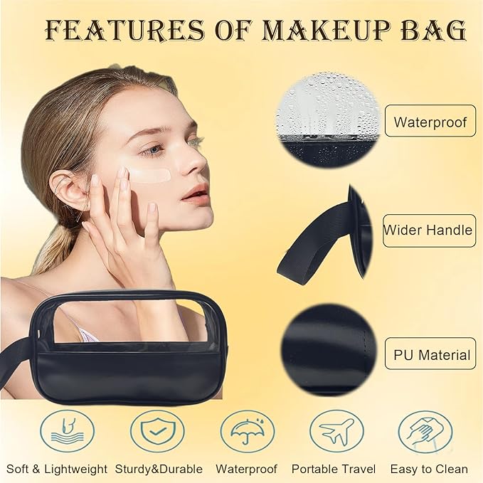 Clear Makeup Bag, Portable Travel Toiletry Cosmetic Bag Case for Women, TSA Approved Transparent PVC Waterproof Clear Pouch for Travel Essentials for Women - Black