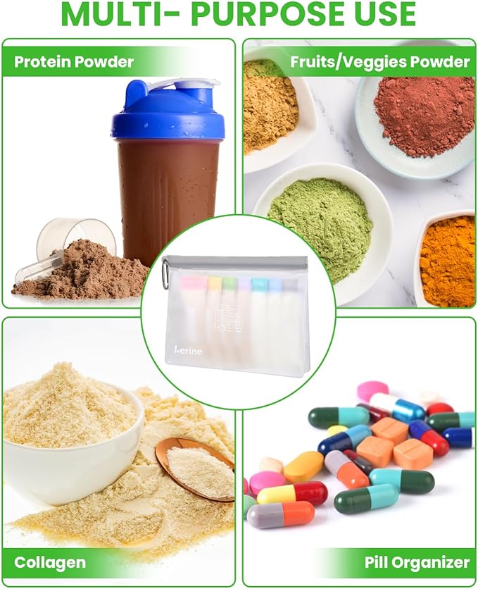 Lerine Reusable Protein Powder Container To Go, Protein Powder Travel Container Set, 14Pcs Single Dose Bags & 2Pcs Large Zip Bags, Portable Supplement Storage Containers with Funnel, Spoon