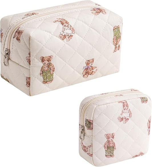 uekeboag 2pcs Small Quilted Cotton Makeup Bag for Purse, Cosmetic Bag with Compartments, Cotton Aesthetic Makeup Bag, Travel Toiletry Pouch, Lipstick Bag Card Holder Data Cable Organizer (Bear Set)