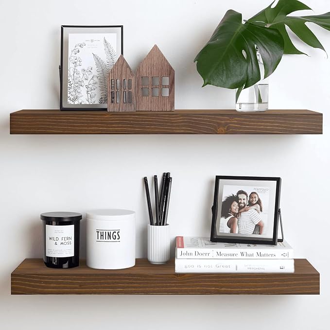 Homeforia Classic Walnut 24 inch Floating Shelf, High-End Solid Real Wood Small 24-inch Floating Shelves for Wall Mounted, 24in Floating Shelves, Heavy Duty Bracket, 24 X 6.5 X 1.75 inches, Set of 2