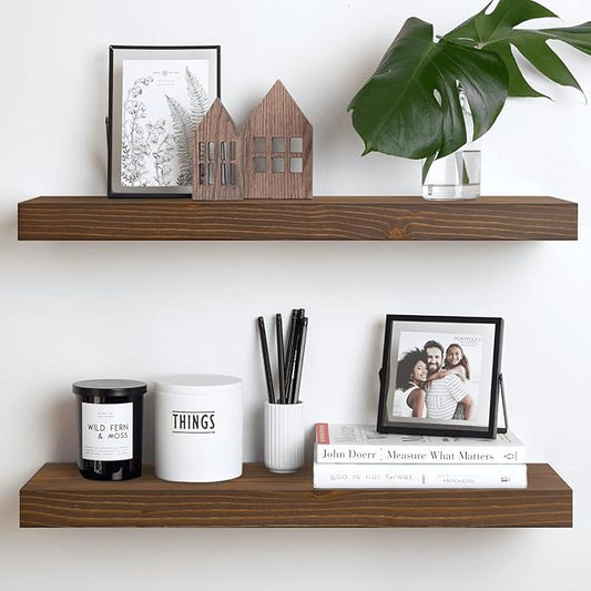 Homeforia Classic Walnut 24 inch Floating Shelf, High End Solid Real Wood Small 24inch Floating Shelves for Wall Mounted, 24in Floating Shelves, Heavy Duty Bracket, 24 X 6.5 X 1.75 inches, Set of 3
