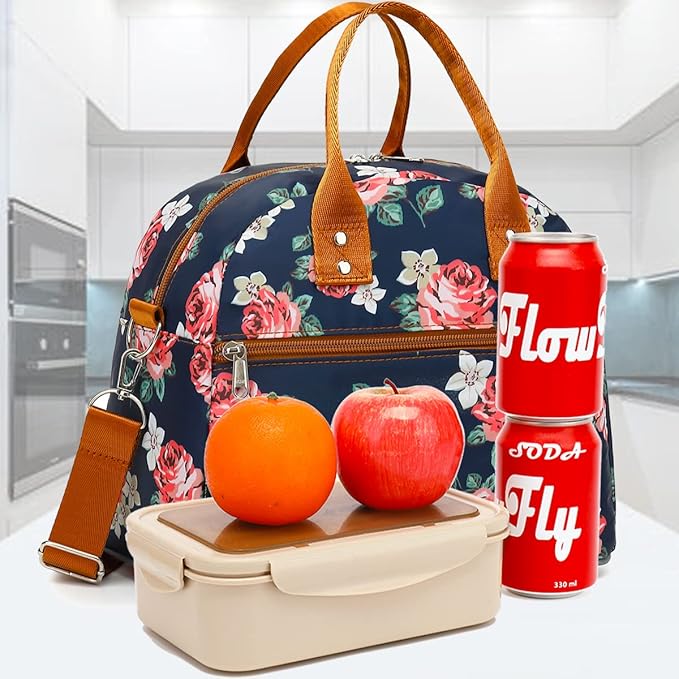 FlowFly Insulated Lunch Bag With Shoulder Strap for Women, Men, and Kids, Large and Reusable, Handle, Freezable Work and School Travel Tote and Meal Prep Organizer, Peony