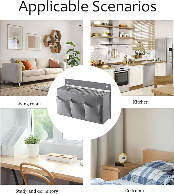 2-Pack Hanging Storage Baskets - Wall Organizer with 3 Pockets for Home/Dorm/Closet/Door, Multi-Purpose Space Saver for Office/Bathroom/Nursery - Foldable Fabric Organizer (Grey)