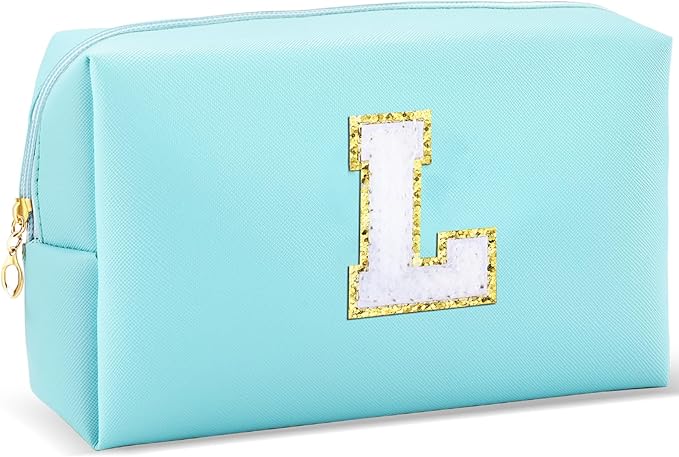 Gifts for Girls Initial Makeup Bag Personalized Cosmetic Bag with Zipper Cute Travel Toiletry Bag Waterproof PU Preppy Makeup Pouch Birthday Gift for Teen Girls Women(Blue L)