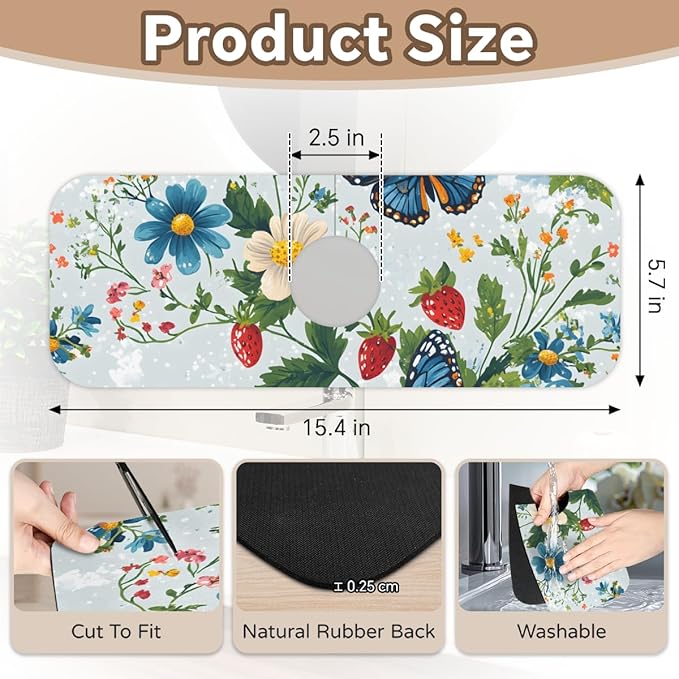 1 PC 15.4*5.7 Inch Absorbent Faucet Mat for Kitchen, Butterfly Sink Splash Guard, Fast Drying Kitchen Faucet Mat for Bathroom Kitchen