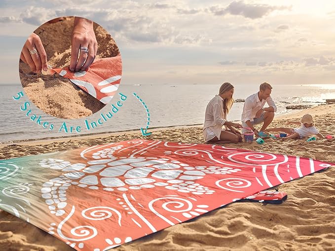 WEKAPO Beach Blanket Waterproof Sandproof Oversized Extra Large Sand Free Beach Mat with Stakes, Storage Bag - Essentials for Outdoor Beach, Picnic (Sea Turtle, 11 X 9 FT (1~10 Person))