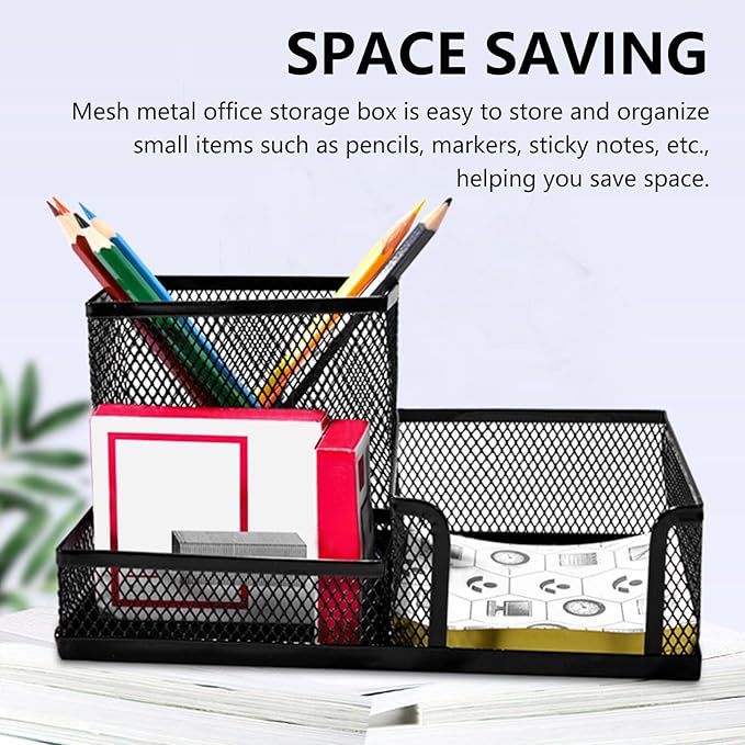2 Pcs Metal Pen Organizer for Desk with 3 Compartments, Office Desktop Organizer Pencil Cup Caddy for Stationery Marker Storage School Home Supplies(Black，Silver (Black)