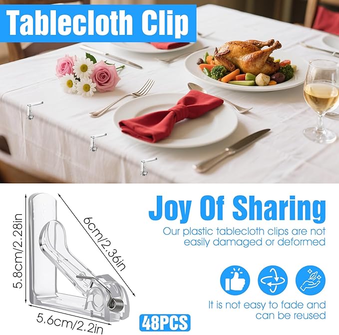 48pcs Tablecloth Clips Table Cloth Clips Picnic Clear Plastic Clip-Clamp Holder Table Tablecloth Clip Bulk for Outdoor, Wedding, Picnic Tables, Camping, Tablecloths, Party Essentials