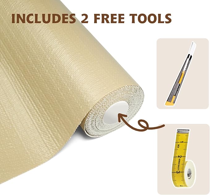 Shelf Liners for Kitchen Cabinets 12in x 20FT, Non Adhesive Drawer Liner Pure Beige Thickened Shelf Liner Non-Slip Easy to Clean for Tool Box Refrigerator with Knife and Tape Measure