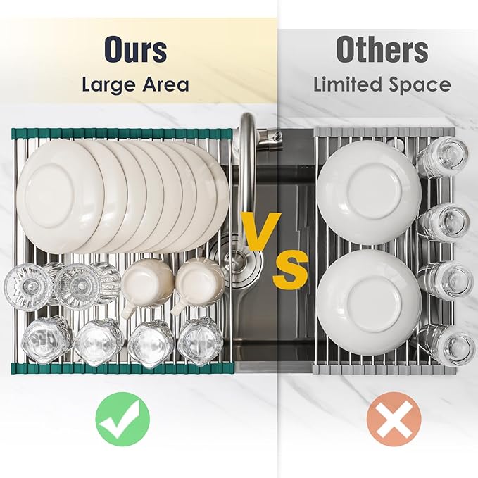 Tomorotec Stainless Steel Roll Up Dish Drying Rack, Foldable Over The Sink Rolling Drainer Rack, Multipurpose Kitchen Gadget Draining Caddy Organizer, Space Saving Sink Accessory Storage Shelf Holder