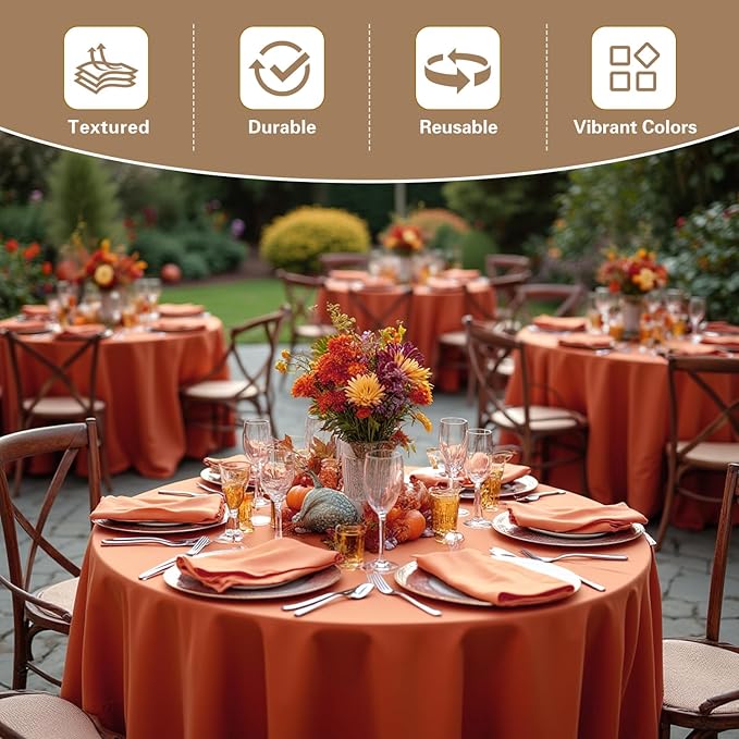 sancua Thanksgiving Round Tablecloth 108 Inch Diameter, 6 Pack Rust Circle Polyester Fabric Fall Table Cloth for Holiday Party Reception, Washable Burnt Orange Table Cover (Fit 42-96 Inch Tables)