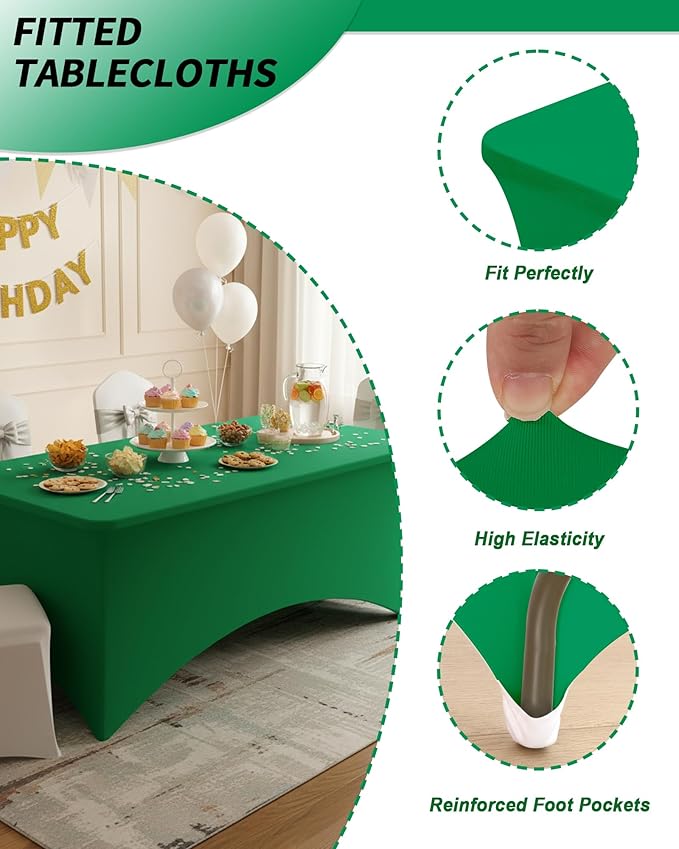 Fixwal Green Stretch Table Cloth Rectangle 2 Pack 6Ft, Spandex Fitted Table Covers Washable for Party, Trade Show, Banquet, Wedding, Buffet