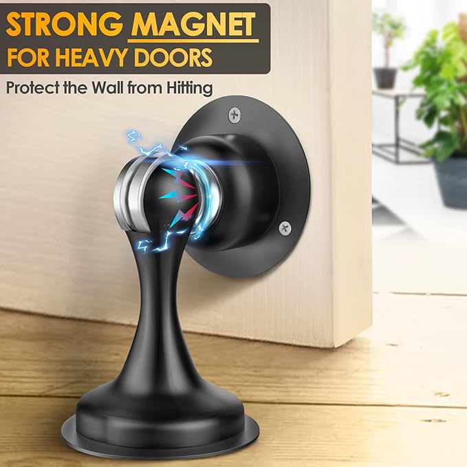 Door Stoppers Magnetic Door Catch - Stainless Steel Heavy Duty Door Holder Stops for Bottom Top of Door - Wall Floor Mounting No Drill 3D Adhesive & Screws Strong Magnet Keep Door Open 6 Pack