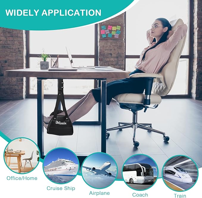 Airplane Foot Hammock | Adjustable Travel Footrest with Memory Foam | Portable Footrest Under Desk for Work Or Travel Relaxation | Comfortable Flight Carry-on Foot Rest - Black