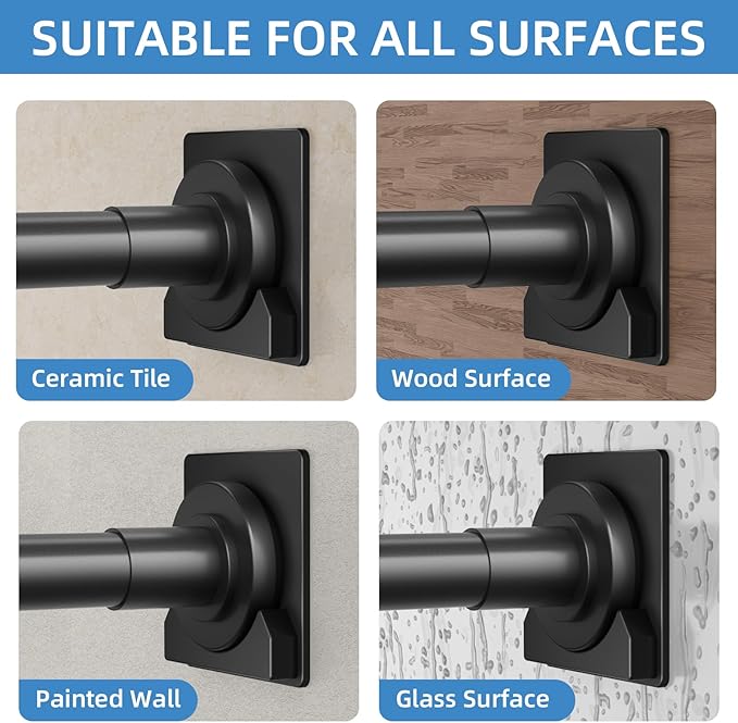 CorkLatta Matte Black Shower Curtain Rod,1 Inch Diameter Stainless Steel Adjustable Spring Tension Rods 32 to 68",with Holders,Anti-Slip,Curtain Rods No Drilling(1 Pack)