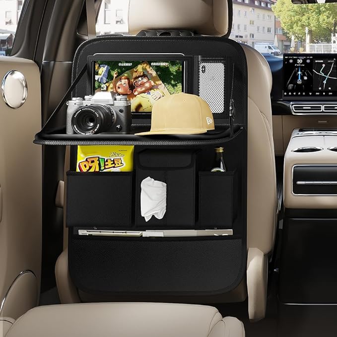 GMQ Back Seat Car Organizer 1 Pack,Backseat Organizer with Tray,Multifunctional Car Seat Back Storage Box with Foldable Tablet Holder (Black, Plain weave)