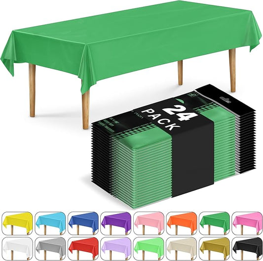 DecorRack 24 Pack Rectangular Tablecloths BPA-Free Plastic, 54 x 108 inch, Dining Table Cover Cloth for Parties, Picnic, Camping and Outdoor, Disposable or Reusable in Green (24 Pack)