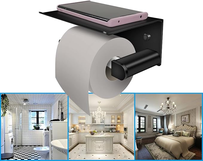 D&Joy Bathroom Toilet Paper Holder, Matte Black Adhesive or Screw Wall Mounted Tissue Holder with Shelf, Aluminum Toilet Roll Holder with Spring Loaded Roller for Bathroom Kitchen